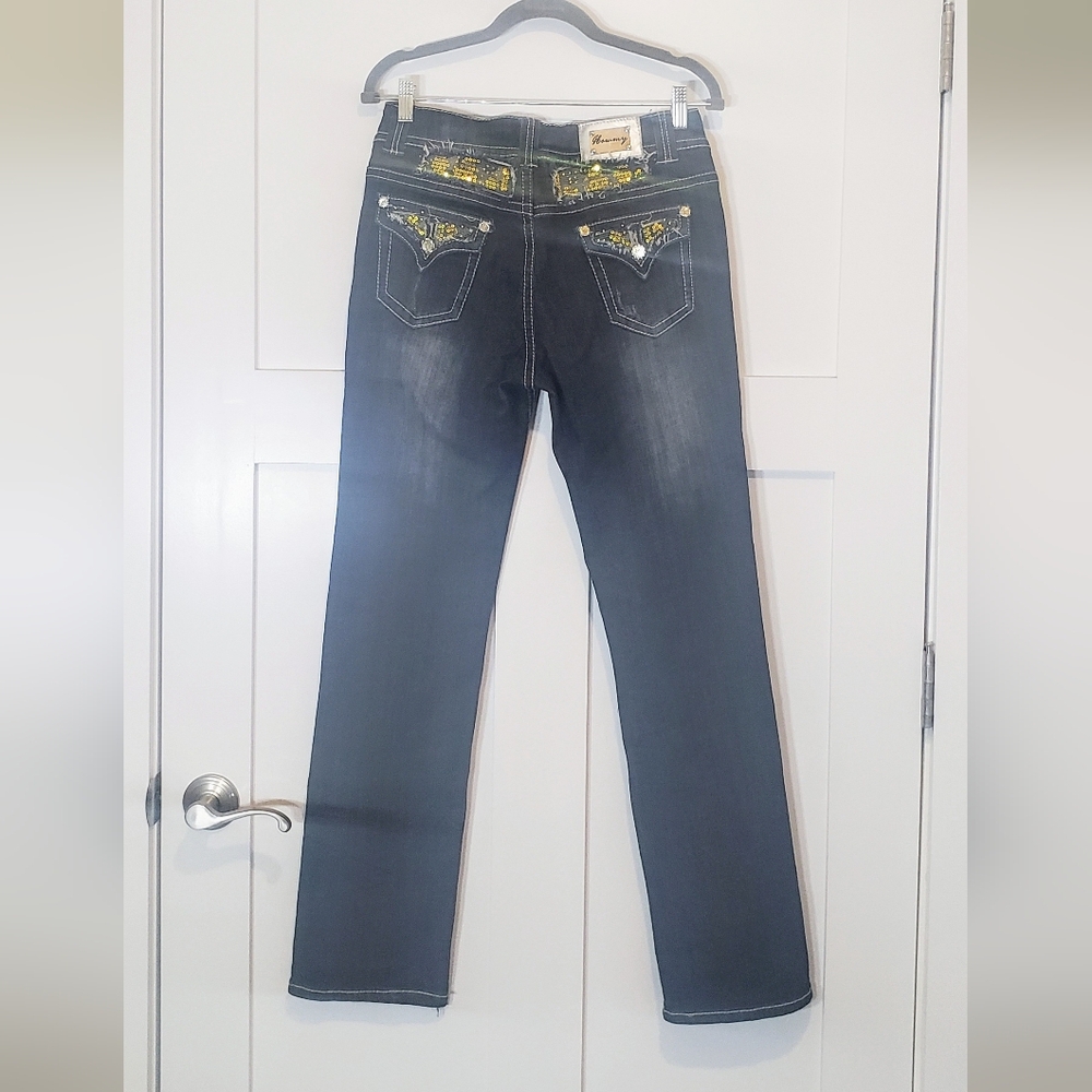 HOWMY Jeans Midrise Straight Button Flap Pockets Gold Bling Size 11 Juniors